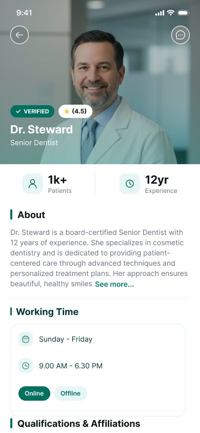 Doctor profile screen from the Vimshatika patient app