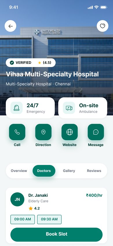 Hospital profile screen from the Vimshatika patient app