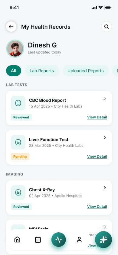 Health records screen from the Vimshatika patient app